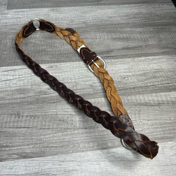 Y2K Brown Distressed Leather Woven Braided O-Ring Belt - Picture 4 of 8
